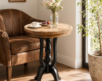Rustic Farmhouse End Table, Round Accent Side Table with Natural Top, Black Base