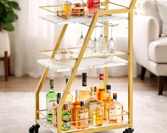 Chariot bar en marbre doré sur roues avec support en verre pour recevoir à la maison