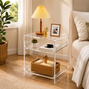 Modern Clear Side Table Nightstand with Storage Shelf for Vinyl Records