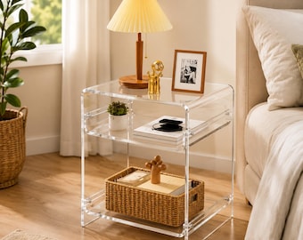 Modern Clear Side Table Nightstand with Storage Shelf for Vinyl Records