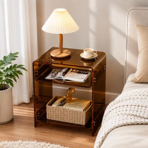 Clear Acrylic End Table with Storage, Record Player Stand, Dark Brown Nightstand