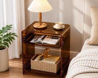 Clear Acrylic End Table with Storage, Record Player Stand, Dark Brown Nightstand