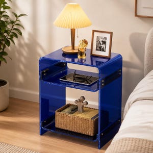 Dark Blue Acrylic End Table, Modern Nightstand for Bedroom, Clear Side Table