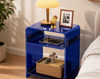 Table d'appoint en acrylique bleu foncé, table de chevet moderne pour chambre, table de chevet transparente