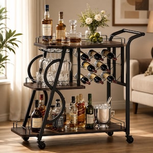 Pode incluir: Um carrinho de bar de três níveis com estrutura de metal preto e prateleiras de madeira escura. O carrinho contém várias garrafas de vidro de bebidas, um decantador de cristal, taças suspensas, um suporte para vinhos e um balde de gelo.