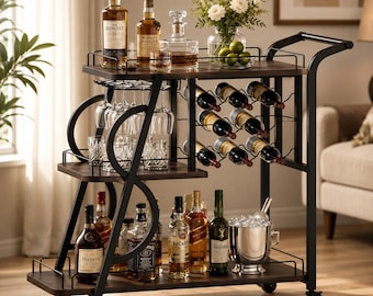 Chariot de bar rustique à 3 niveaux avec porte-verres à vin