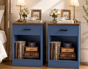 Set of 2 Blue Nightstands, 2-Tier Bedside Table with Drawer & Shelf, Modern