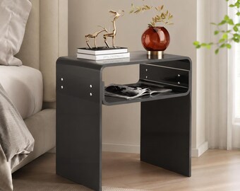 Black Acrylic U-Shape Side Table Nightstand, Modern 2-Tier End Shelf for Bedroom