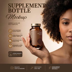 May include: An amber glass supplement bottle mockup with a gold lid, held by a person. The bottle has a brown label with the word "Ocean" and a seashell graphic. The image includes text about the product's features.