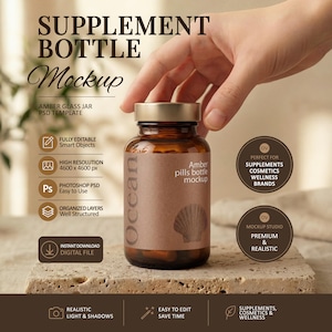 May include: An amber glass supplement bottle mockup with a gold lid. The bottle has a brown label with the word "Ocean" and a seashell graphic. The text "Amber pills bottle mockup" is also visible.