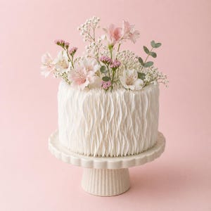 May include: A white cake with a textured, wavy design, topped with an arrangement of pink and white flowers and greenery. The cake sits on a white, scalloped-edge cake stand against a soft pink background.