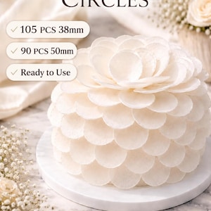 Dischi di carta di riso commestibili da 38 mm (105 pezzi) / 50 mm (90 pezzi) – Per decorare torte, come topper per torte floreali e per torte nuziali.