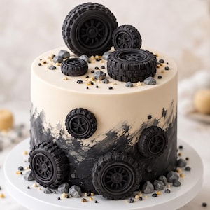 Può includere: Una torta cilindrica con una glassa liscia color crema sulla parte superiore e una finitura testurizzata con sfumatura nera e crema sui lati. La torta è decorata con diverse decorazioni nere a forma di pneumatico, piccoli accenti grigi simili a rocce e minuscoli zuccherini neri e dorati.
