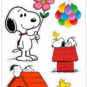 Puede incluir: Una hoja de pegatinas de Snoopy y Woodstock. Snoopy sostiene una flor rosa, y hay imágenes de Snoopy en su caseta, Woodstock y un grupo de globos. Las pegatinas tienen un borde blanco con una línea de puntos.