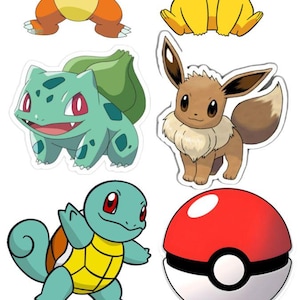 May include: A selection of Pokémon character stickers, featuring Charmander, Pikachu, Bulbasaur, Eevee, Squirtle, and a Poké Ball. The Pokémon logo is displayed in blue and yellow.