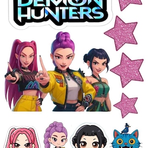 May include: A sticker sheet with the text "K-POP DEMON HUNTERS" above three anime-style women and three chibi characters. Pink glitter stars and a blue cat with a bird are also included.