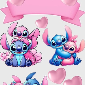 May include: A collection of cartoon illustrations featuring the characters Stitch and Angel in various poses. The images include pink hearts and a pink banner, with Stitch and Angel in shades of blue and pink.