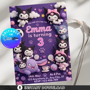 Devil Anime Girl Birthday Invitation, crochet style gabby's Baby cat Love Demon Party Invite, Kawaii Goth Birthday Template, Editable Canva