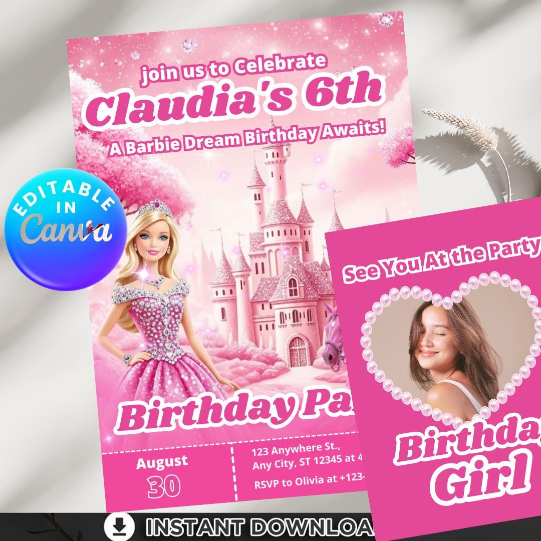 Editable Barbie Core Doll Birthday Invitation | Fashion Sleepover ...