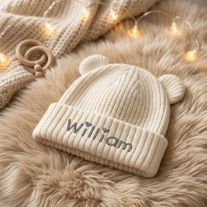 May include: Cream-colored knit baby beanie with two small ear-like protrusions. The word "William" is embroidered in gray on the folded brim. The hat is on a fluffy, light brown surface, with a wooden teething ring and a knitted blanket in the background.