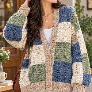 May include: A long-sleeve crochet cardigan featuring a color-blocked pattern of sage green, navy blue, and cream squares. The garment has a V-neckline, a ribbed beige button placket with three round buttons, and ribbed cuffs and hem in beige.