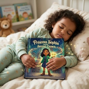 Puede incluir: Una niña dormida en la cama, abrazando un libro titulado "Princess Sophia and the Secret Crown". La portada del libro presenta una ilustración de una princesa. La niña lleva un pijama verde claro. Un león de peluche y otros libros son visibles en el fondo.