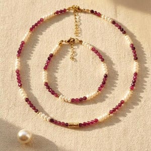 Natural Ruby Pearl Jewelry Set, Freshwater Pearl Necklace Bracelet, Gold-Tone Centerpiece