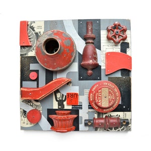 found object assemblage art,  'Black and White and RED all over', original mixed media artwork by Elizabeth Rosen