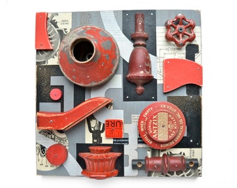 found object assemblage art,  'Black and White and RED all over', original mixed media artwork by Elizabeth Rosen