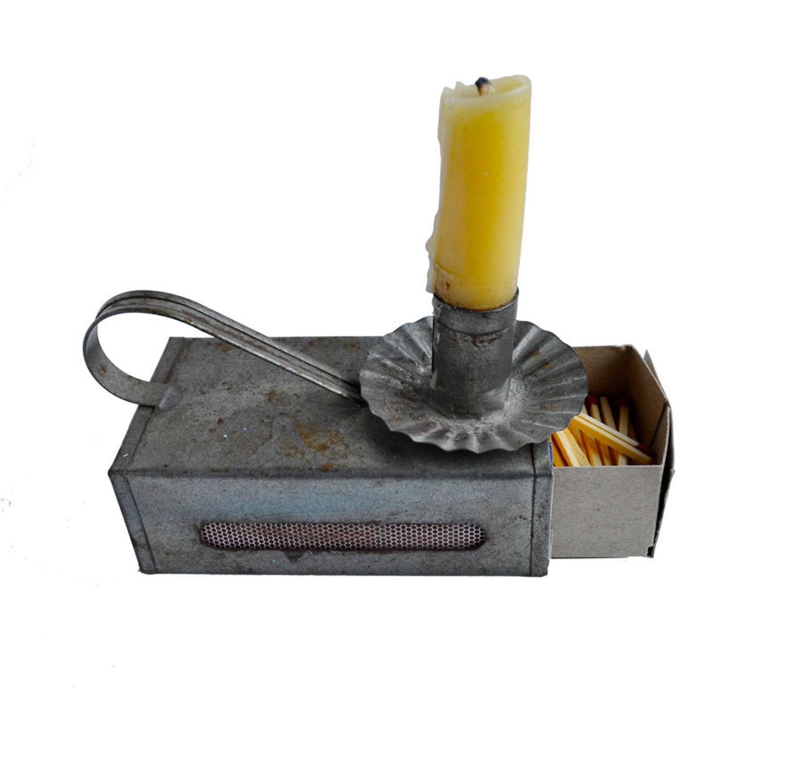 Wonderful vintage tin candle and match box holder from Etsy