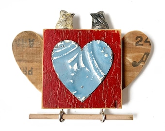 Primitive folk art bird assemblage, songbirds lovebirds artwork, unusual Valentine gift for him, by Elizabeth Rosen