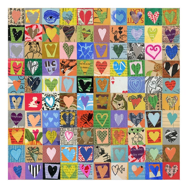 100 Valentine HEARTS, mixed media assemblage, Love art, original collage on wood, love art, ORIGINAL art by Elizabeth Rosen