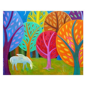 PRINT 8x10 GHOST or Unicorn in the Woods, magical art, white horse art, fall trees, nursery decor, whimsical painting    by Elizabeth Rosen