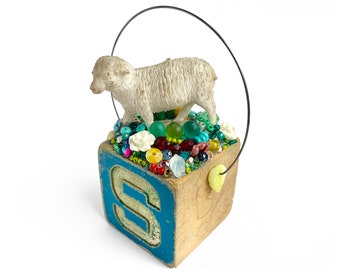 sheep assemblage art ornament, letter S block, rustic farm animal ornament by Elizabeth Rosen