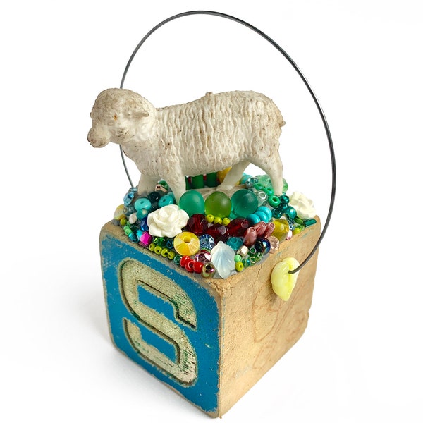 sheep assemblage art ornament, letter S block, rustic farm animal ornament by Elizabeth Rosen