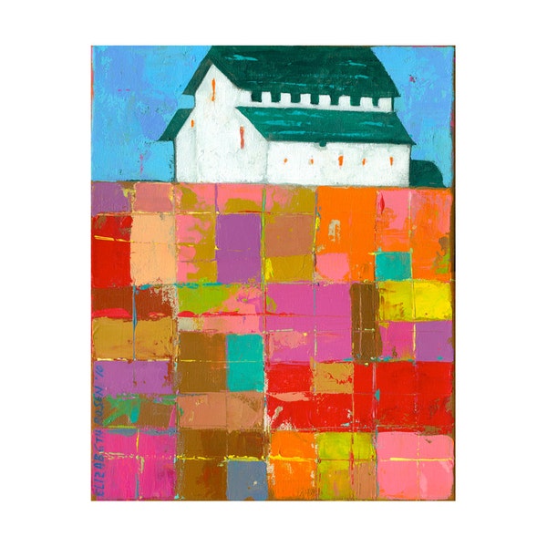 8x10 PRINT of White Barn with Farm Landscape, and an Impasto patchwork field, by Elizabeth Rosen