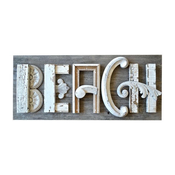 BEACH sign, architectural salvage, mixed media assemblage, typography, original art by Elizabeth Rosen