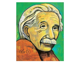 Retrato de Albert Einstein, 8x10 PRINT, collage y pintura de Elizabeth Rosen