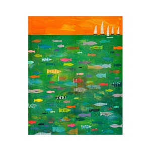8x10 PRINT colorful fish in the sea with Sailboats, by Elizabeth Rosen