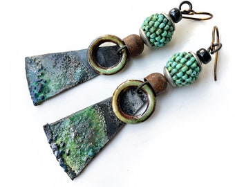 handmade rustic bohemian dangle earrings, artisan enamel and beaded bead, by Elizabeth Rosen