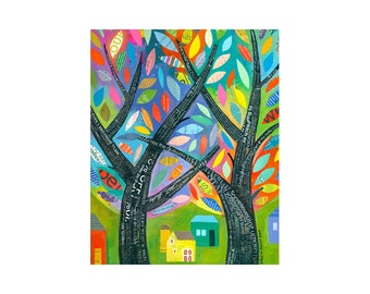 8x10 PRINT spring trees BRAIDED LIVES word art Folk Art landscape   by Elizabeth Rosen