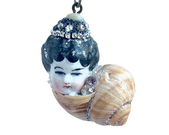 Snail Mail an altered assemblage art doll ornament handmade unusual Christmas ornament by Elizabeth Rosen
