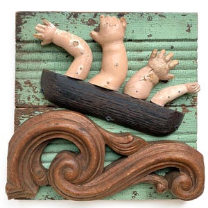 All Hands on Deck, Primitive Folk Art Boat Assemblage, Found Object Art, Vintage Doll Hands, Antique Wood Salvage by Elizabeth Rosen