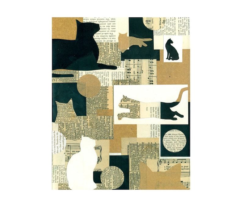 8x10 print of original cat collage, silhouetted kittens, cat lover art, by Elizabeth Rosen image 1