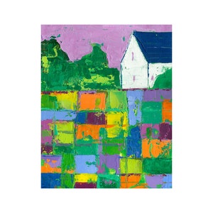 May include: A painting of a white house with a blue roof in front of a field of colorful squares. The house is set against a purple sky with green trees in the background.
