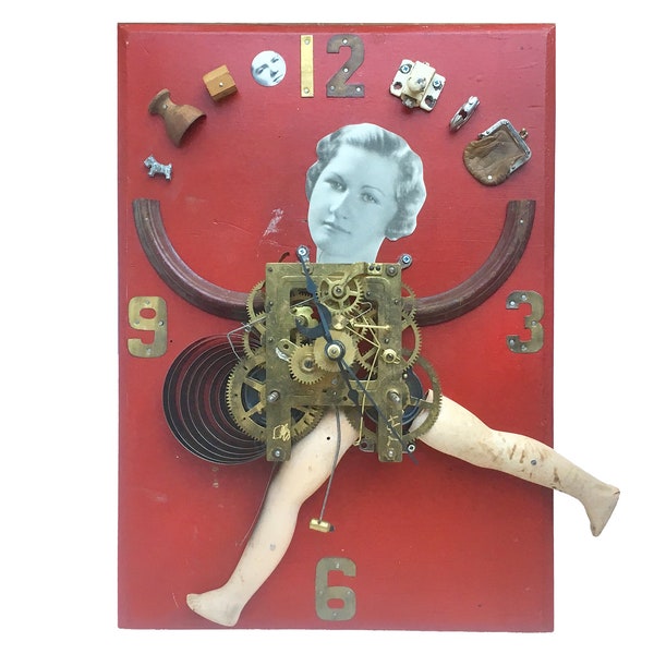 assemblage art called Running out of Time, folk art motherhood portrait, runner art by Elizabeth Rosen