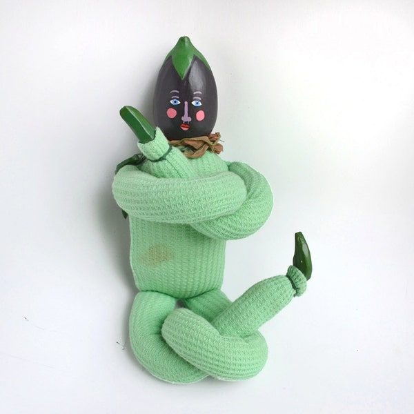 unusual folk art doll EGGPLANT MAN wood and fabric stuffed  from Elizabeth Rosen