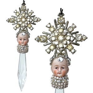 rhinestone chandelier crystal pixie, assemblage art doll, doll head snowflake ornament, by Elizabeth Rosen