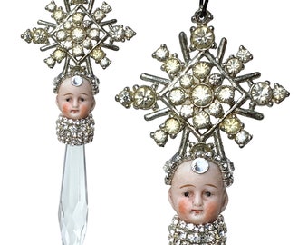 rhinestone chandelier crystal pixie, assemblage art doll, doll head snowflake ornament, by Elizabeth Rosen