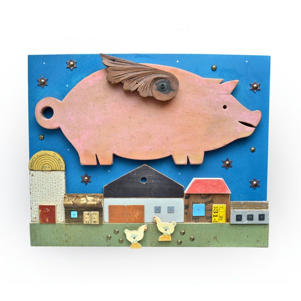 mixed media assemblage, flying pig, PIGASUS, 16x20 ORIGINAL ART, architectural salvage, small houses, starry sky by Elizabeth Rosen